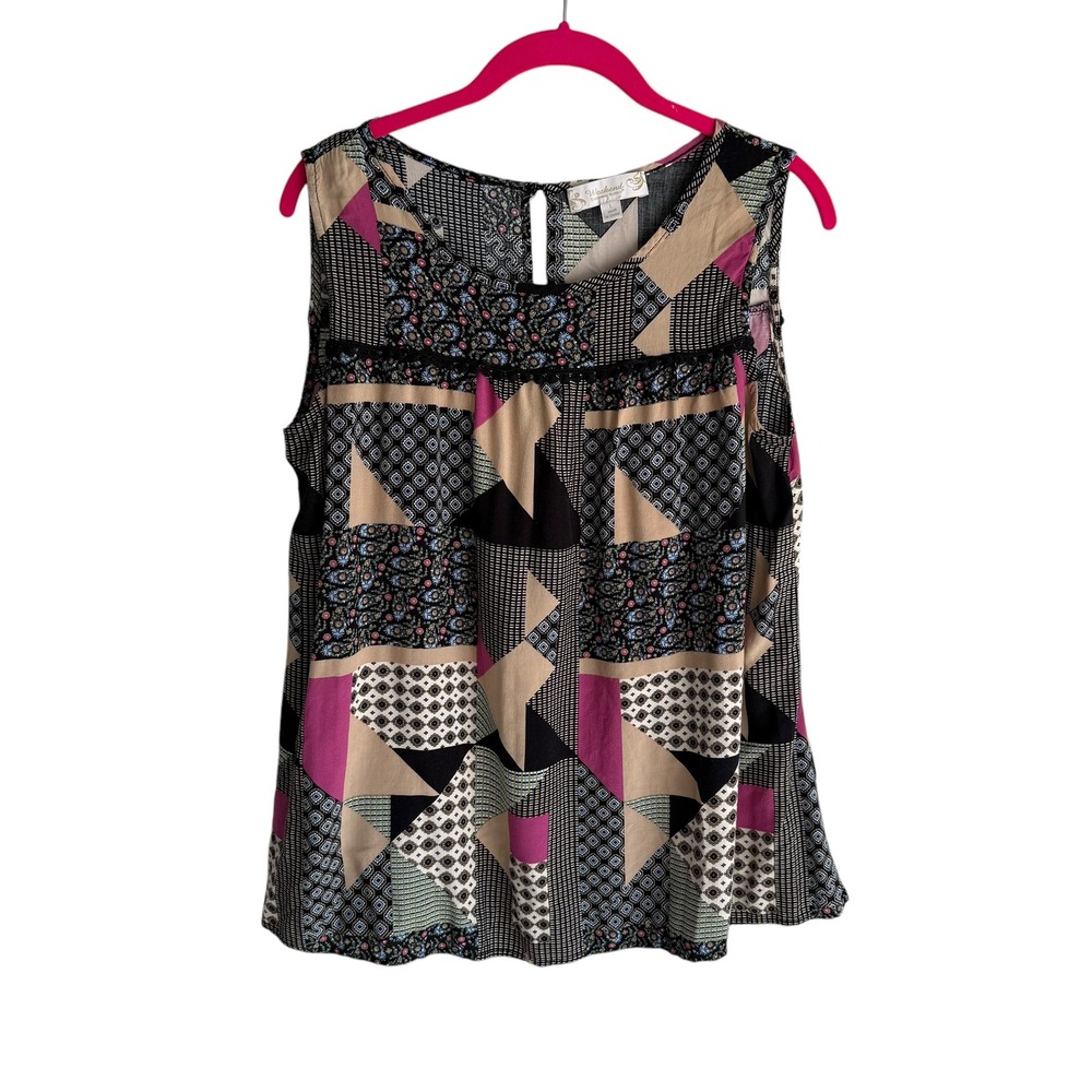 SUZANNE BETRO Weekend Pink and Black Patchwork Sleeveless Ladies Top,‎ L
